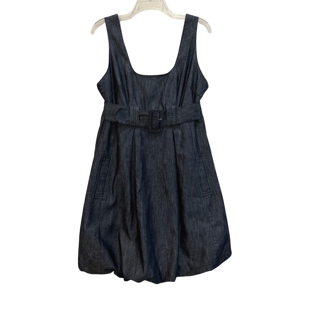 Celebrity Pink Dark Wash Denim Bubble Hem Mini Dress‎ Belted Sleeveless Blue Med